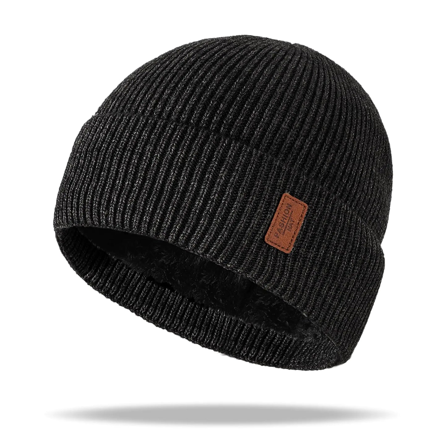 Beanies Hats Mens - Winter Warm Knit Hats with Soft Lining Stretchable Knitted Cuff Skull Caps for Men Black
