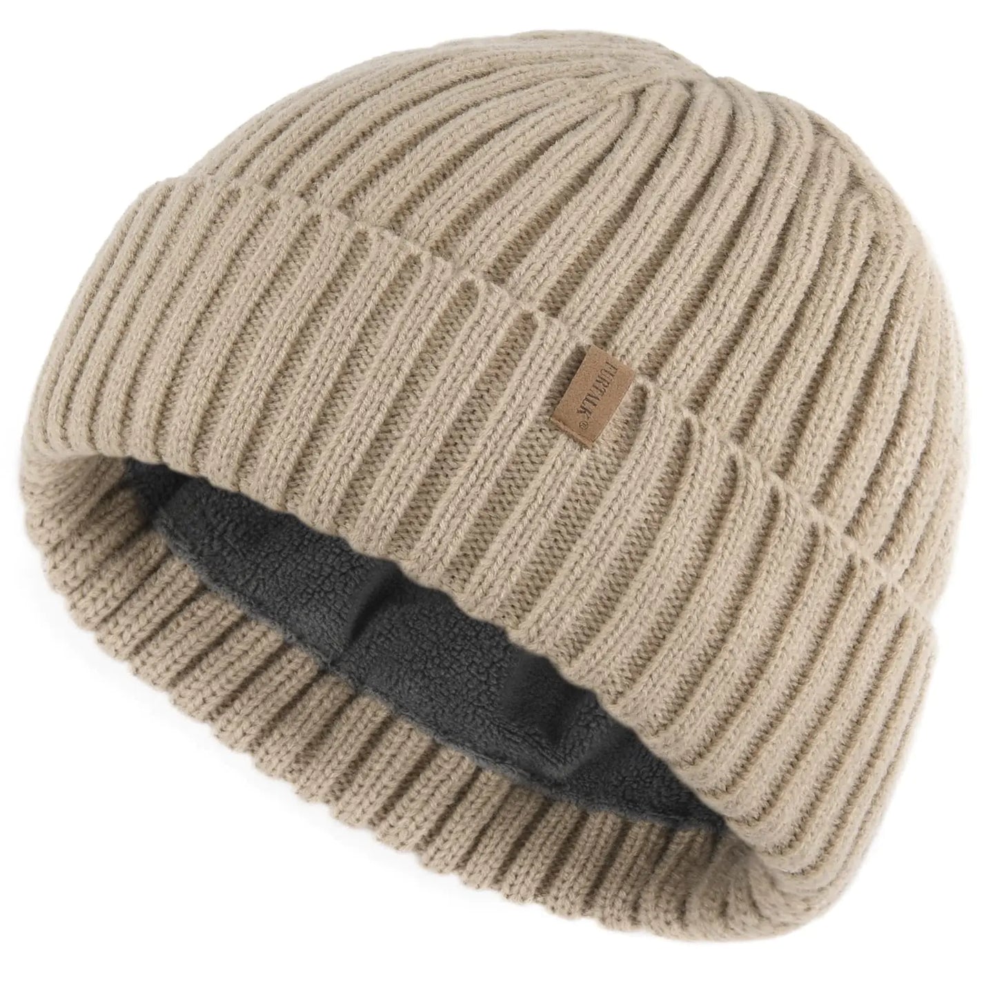 Women's Beanie, Thick Winter Hat with Turn-Up Brim, Soft and Warm Knit Hat, Khaki Ski Hat
